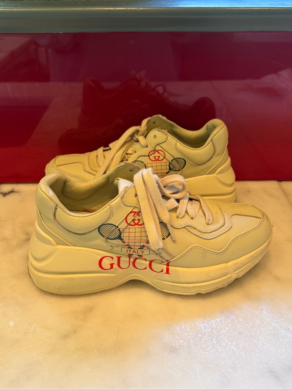 Vintage Sample Gucci Rhyton Cream Leather Tennis Shoes with Crossed Racket Logo